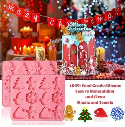 Christmas Chocolate Molds, 2 Pack Candy Molds Made of Silicone Cookies that don&#x27;t stick Baking Trays with Christmas Elements for Making Gifts and Decorating Parties (Pink)