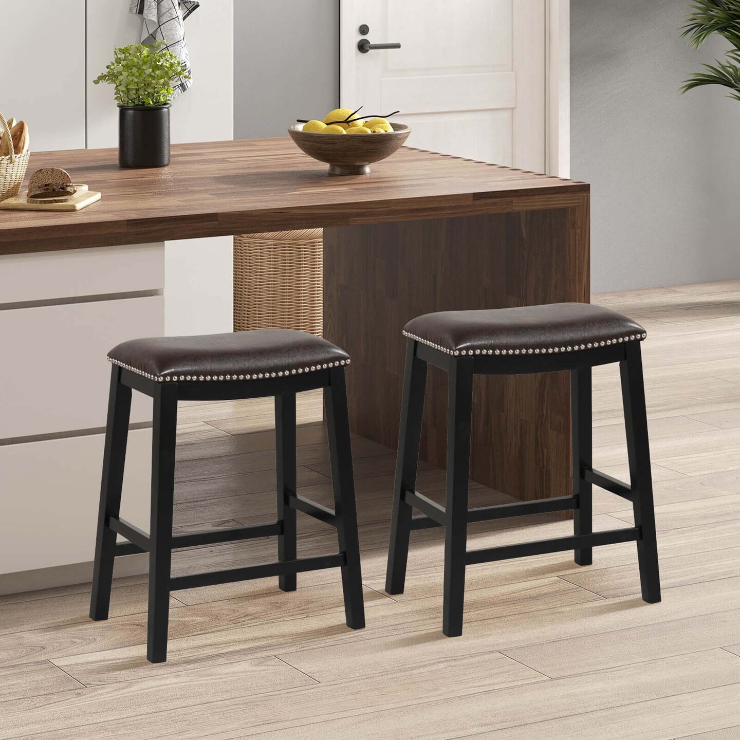 Costway 26-Inch Bar Stool Set of 2 Counter Height Saddle Stools with Upholstered Seat Brown/Black/Gray