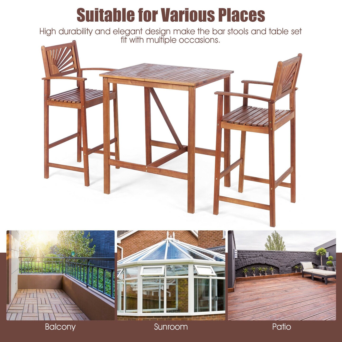 Natural Acacia Wood Patio Bar Set 3-Piece 2 Stools 1 Table Outdoor Indoor