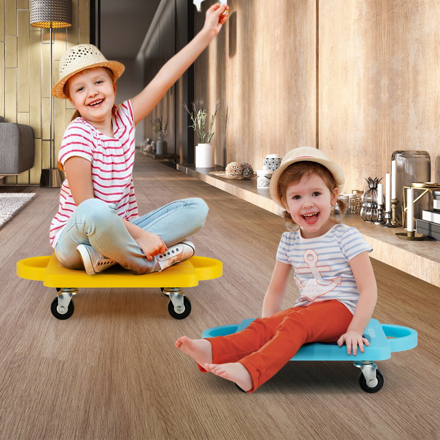 Kids Sitting Scooter Board with Handles and Rolling Casters