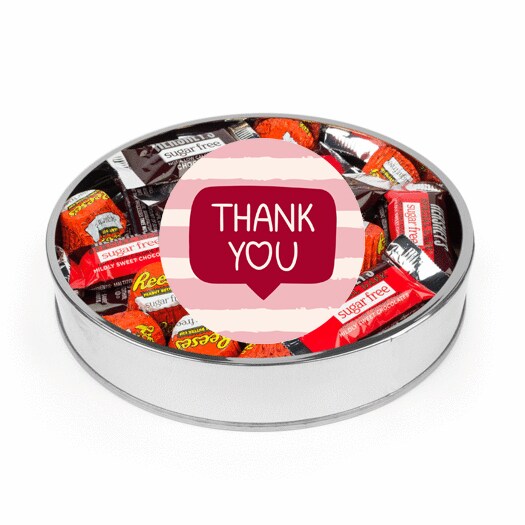 Valentine&#x27;s Day Sugar Free Chocolate Gift Tin Large Plastic Tin with Sticker and Hershey&#x27;s Candy &#x26; Reese&#x27;s Mix - Thank You Gift