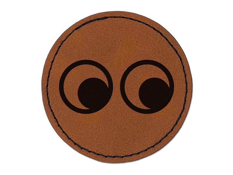 Cute Cartoon Eyes Looking to Side Round Iron-On Engraved Faux Leather Patch Applique - 2.5&#x22;