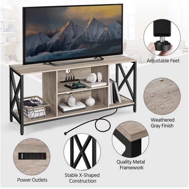 Grey Modern TV Stand for 60-Inch TV with 4-AC Power Outlet