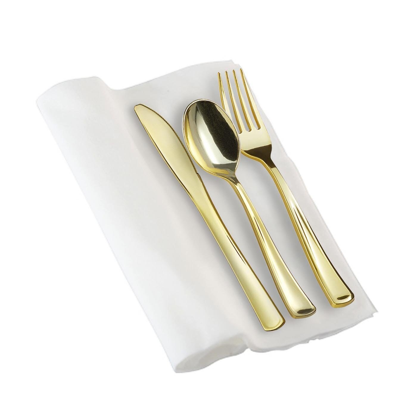 Gold Plastic Cutlery White Napkin Rolls Set (100 Guests)