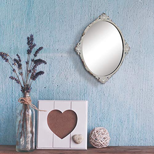 11.7&#x22; x 10&#x22; Oval Antique White Metal Accent Wall Mirror with Attached Hanger, Country Rustic Decor for the Living Room, Bedroom, Bathroom, Hallway, and Entryway