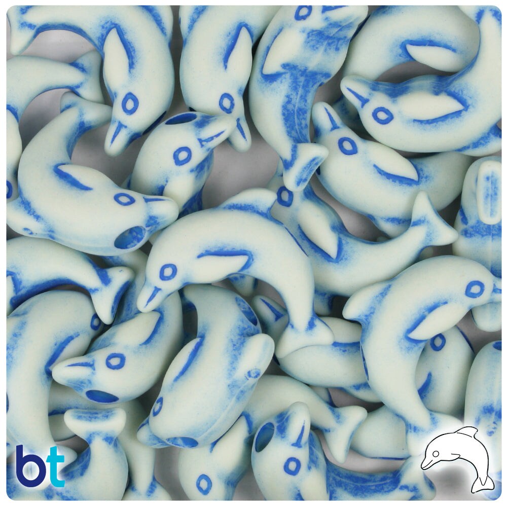 BeadTin Ivory w/Blue Antique 25mm Dolphin Plastic Pony Beads (24pcs)