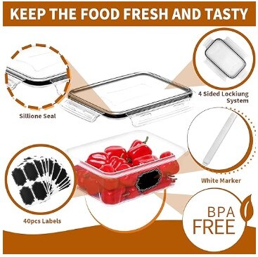 48 Pack Food Storage Containers with Airtight Lids (24 Containers &#x26; 24 Lids), Pantry Organisers and Storage Containers, BPA-Free Meal Prep Container with Labels &#x26; Marker