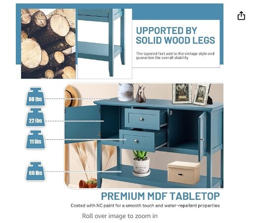 Buffet Sideboard, Console Table for Living Room Kitchen Dining Room Furniture (Blue), with 2 Wood Storage Drawers and an Open Shelf