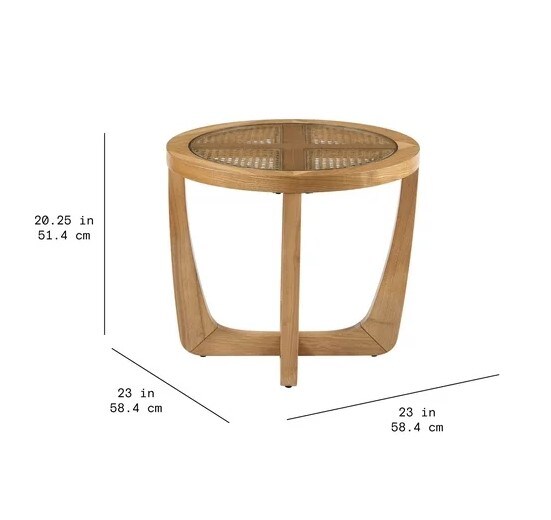 Drew Barrymore Rattan & Glass Side Table with Solid Wood Frame, Warm Honey Finish