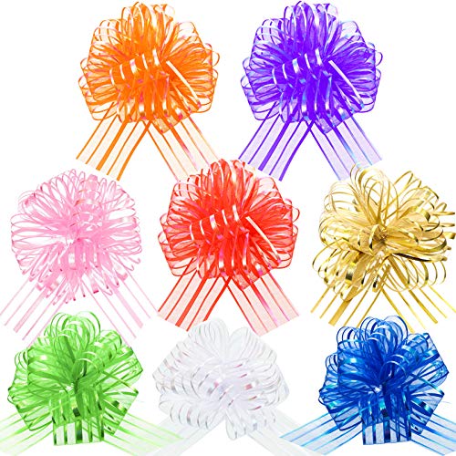 8 Pieces Pull Bow Large Organza Gift Wrapping Ribbon Bow Mixed Color Big Pull Bow for Wedding Gift Baskets, Ribbon Bow for Christmas Wrapping and Decoration, 6 Inches Diameter