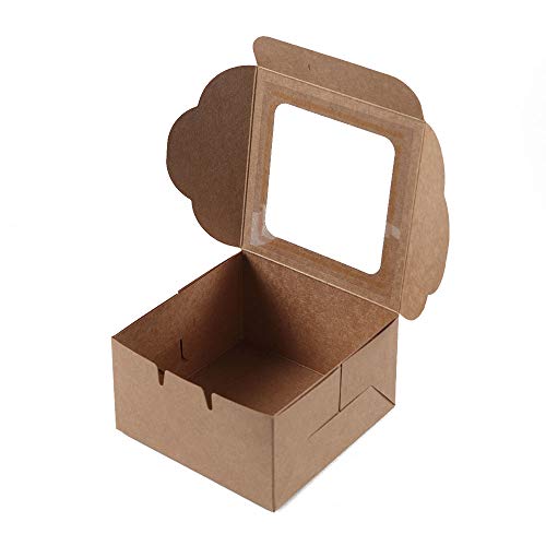 25-Pack Kraft Paper Bakery Boxes - Single Pastry Box 4-Inch, Packaging with Clear Display Window, Donut, Mini Cake, Pie Slice, Dessert Disposable Take-Out Container, Brown, 4 x 2.3 x 4 Inches