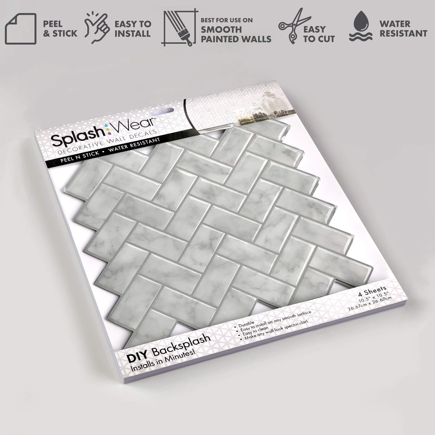 4-Pack Peel and Stick Tiles Marble Herringbone Backsplash Covers 3.06 Sq Ft.