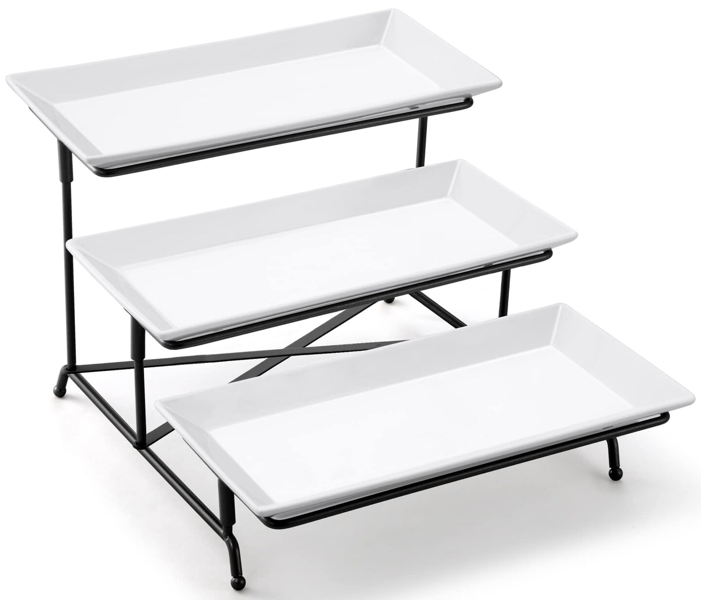 3 Tier Serving Tray Set Porcelain Tiered Serving Trays Platters, Collapsible Sturdier Stand with Stable Cross Bars, for Party Entertaining Food Display Fruit Dessert, 12 Inch