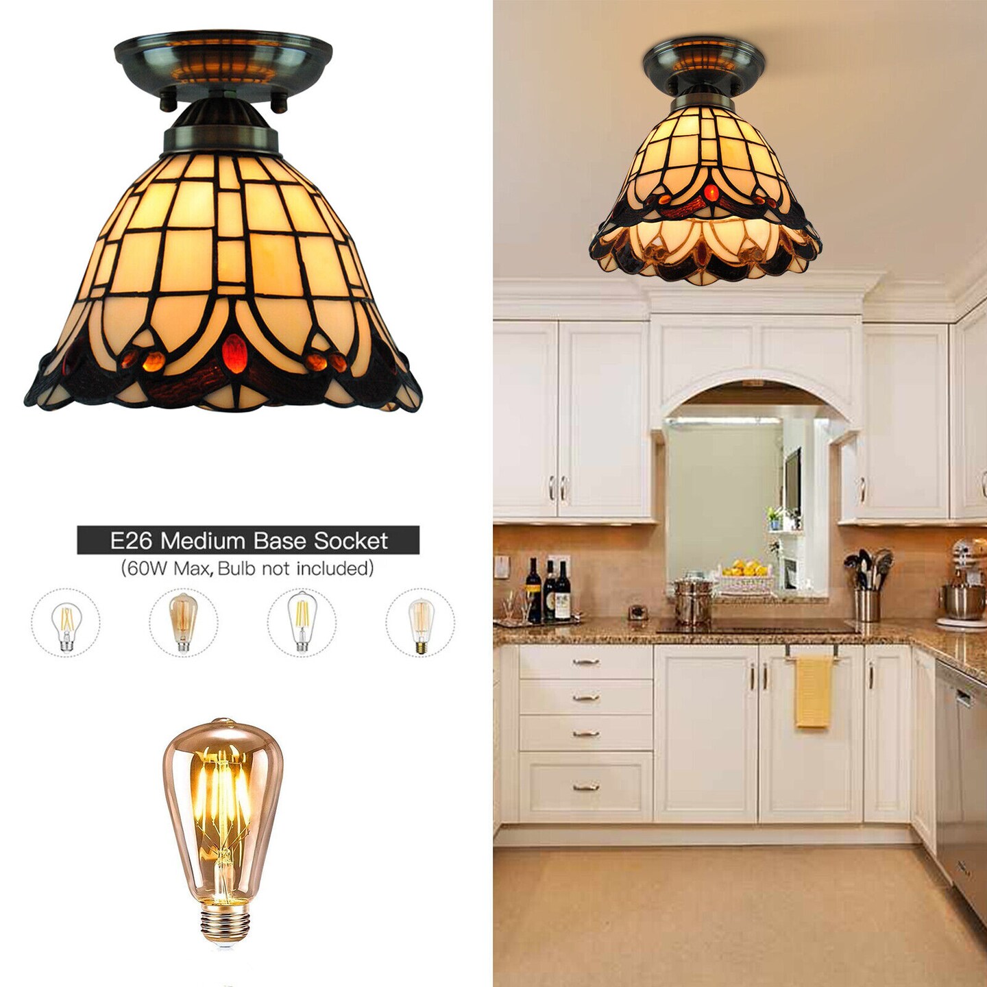 Kitcheniva Vintage Lamp Tiffany Style Stained Glass Flush Mount Ceiling Light