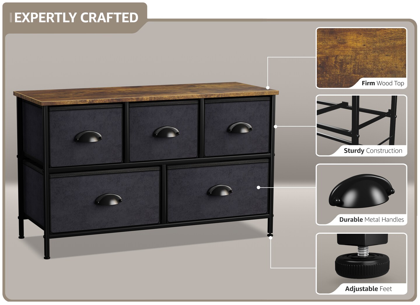 Sorbus Dresser with 5 Drawers - Storage Chest Organizer Unit with Steel Frame, Wood Top, Easy Pull Fabric Bins - Long Wide TV Stand for Bedroom Furniture, Hallway, Closet &#x26; Office Organization