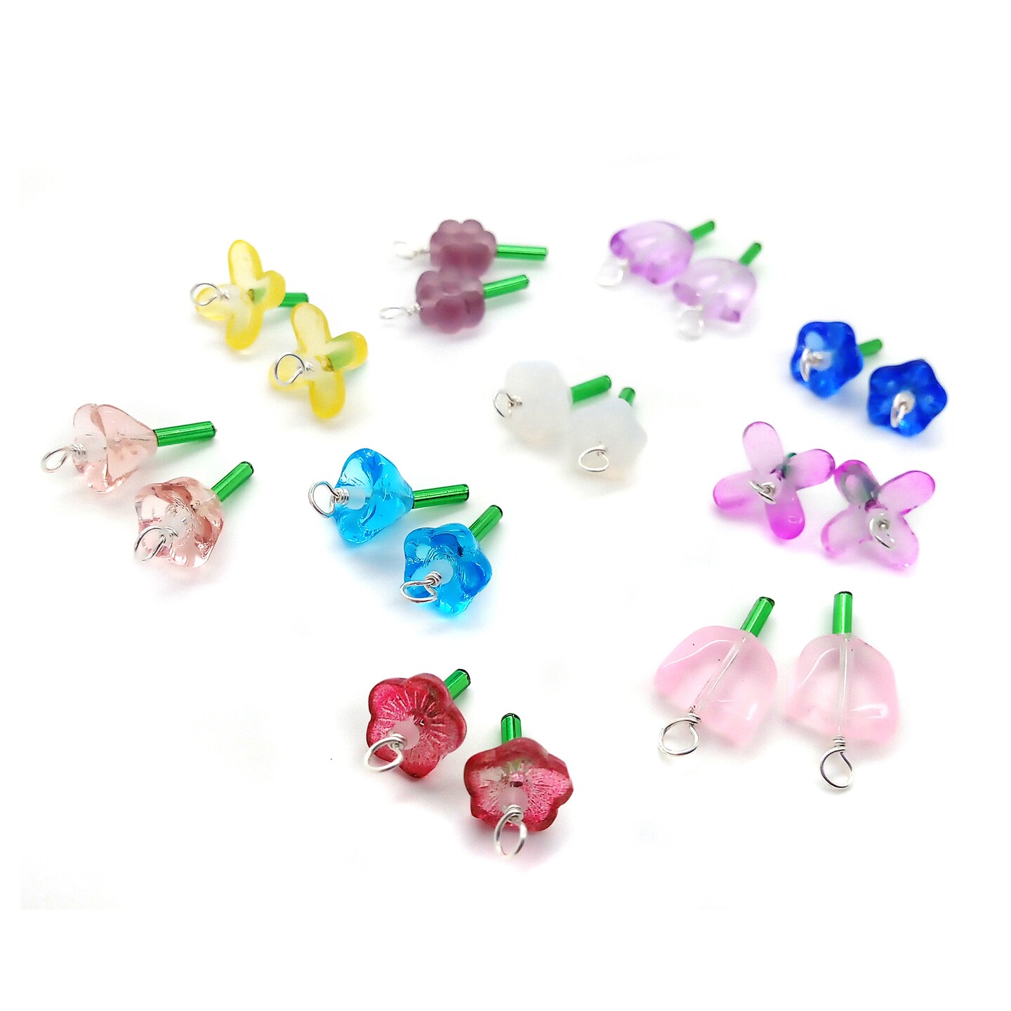 20 Flower Charms to Make Earrings, Matching Pairs of Glass Bead Dangles, Adorabilities
