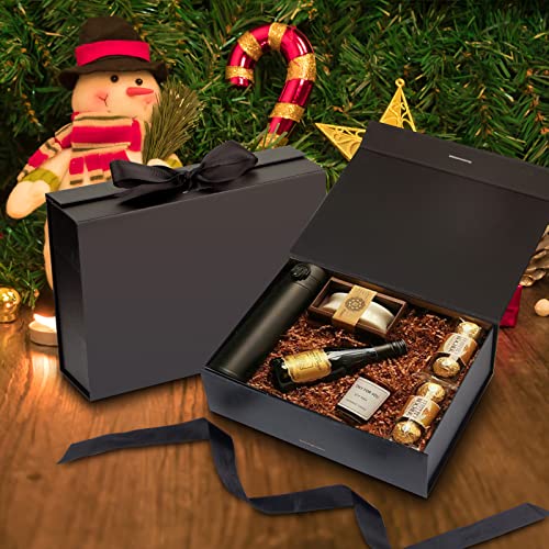 Gift Box with Lid for Presents 10.5x7.5x3.1 Inches with Ribbon and Magnetic Closure(1-Pack) (Black)