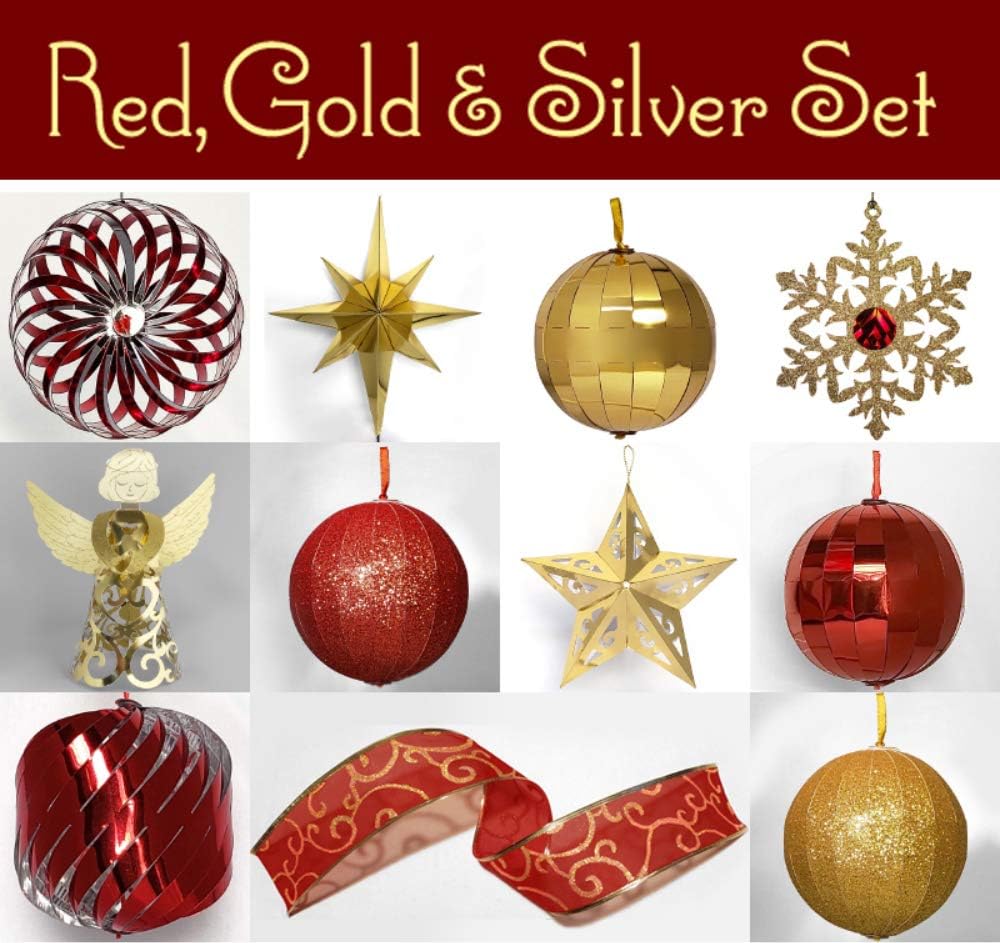 Pop-up Christmas Ornaments Set 41 ct; COLLAPSIBLE Xmas Tree Kit, Red &#x26; Gold