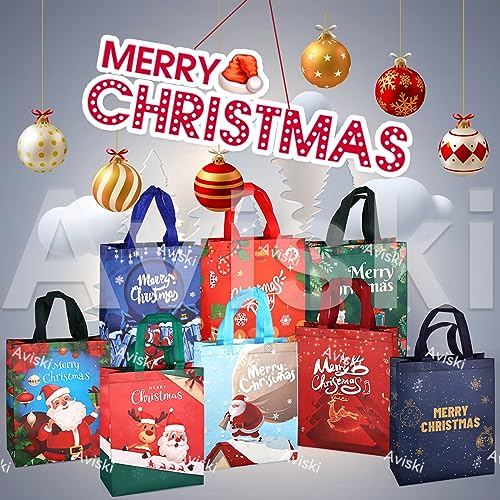 8 PCS Christmas Gift Bags,Christmas Tote Bags with Handles, Christmas Treat Bags, Multifunctional Non-Woven Christmas Bags for Gifts Wrapping Shopping, Xmas Party Supplies, 12.2&#xD7;9.8&#xD7;4.5inch