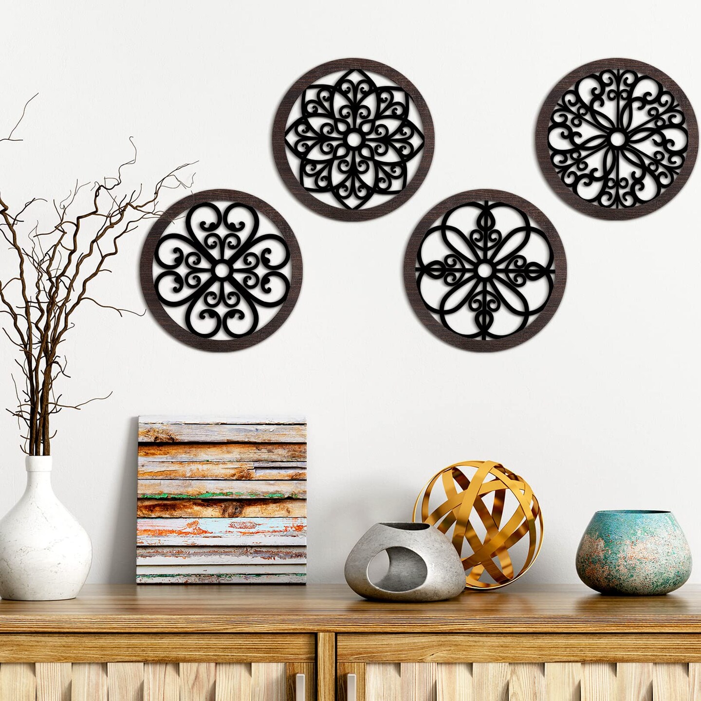 4 Pieces Thicken Rustic Wall Decor Farmhouse Wall Art Decor Wooden Hollow Carved Design Rustic Round Wall Art for Living Room Bedroom Hallway Decor Office Kitchen Wall (Black, Brown,10 x 10 Inch)