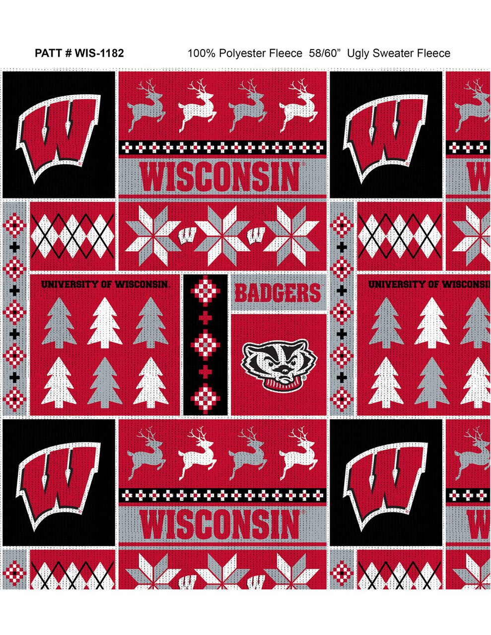 Sykel Enterprises-University of Wisconsin Fleece Fabric-Wisconsin Badgers Christmas Fleece Blanket Fabric-Sold by the yard