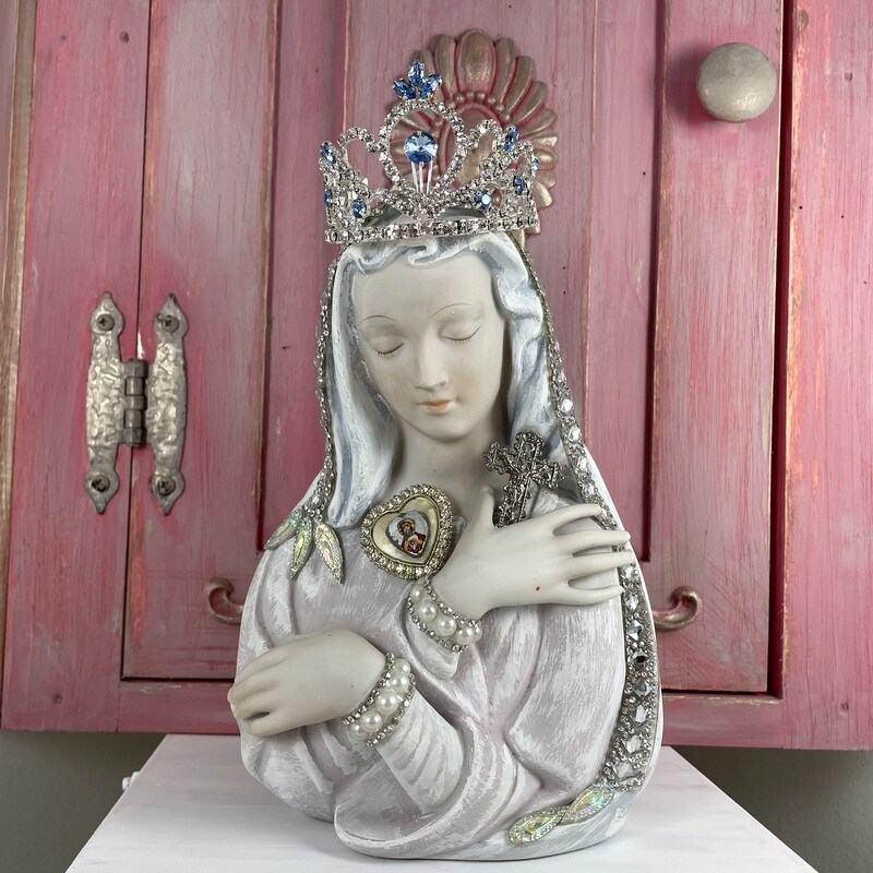 Shabby Rhinestone Statue Virgin Mary Blue Rhinestone Crown Our Lady of  Sorrows Pink Virgin Mary Planter Vase French Country Religious Statue |