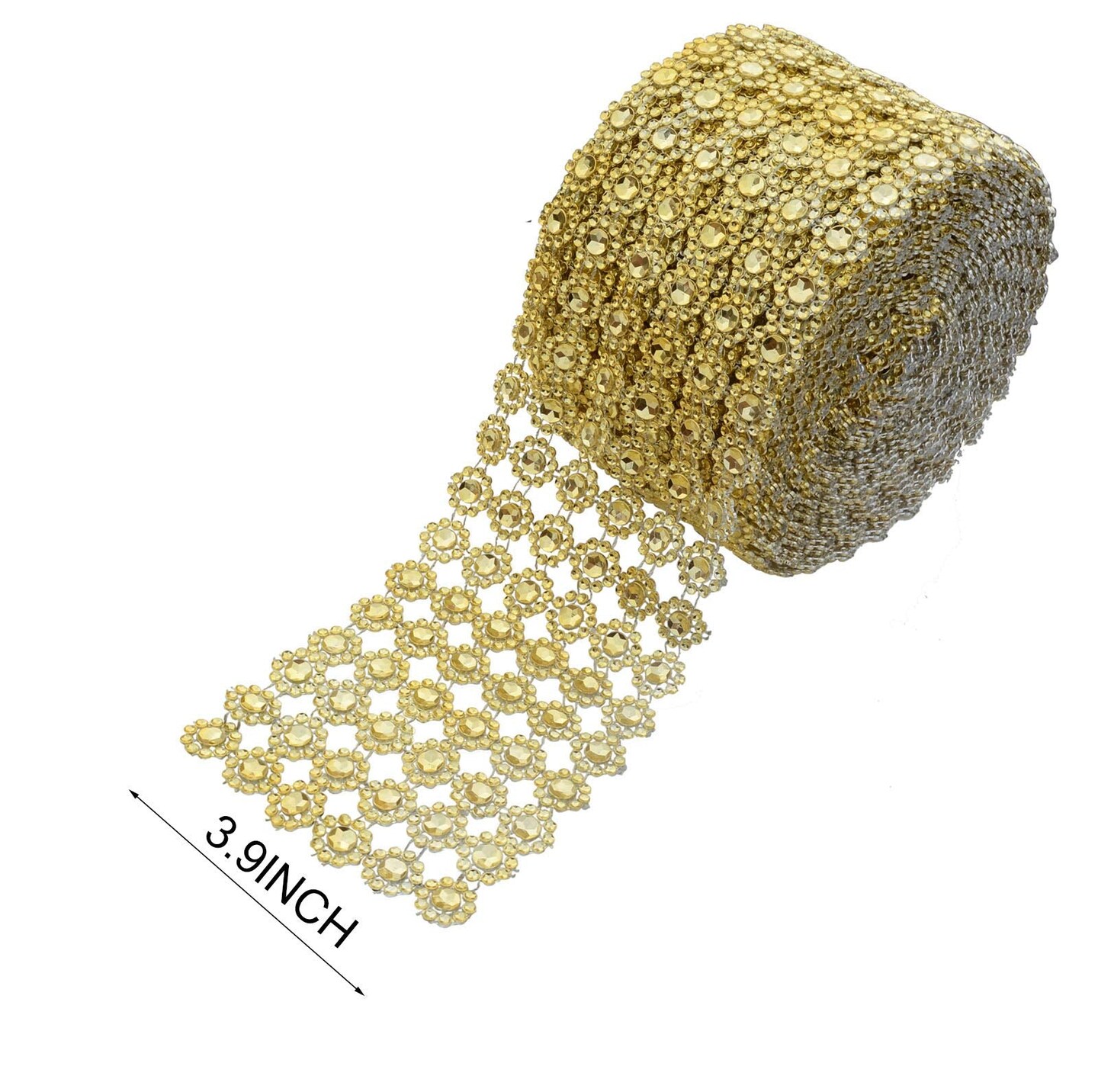 6 Rows  Crafts Faux Diamond Bling Wrap 4&#x22; x 10 Yards Gold Flower Pattern Faux Rhinestone Crystal Mesh Ribbon Roll for Wedding, Party, Centerpiece, Cake, Vase Sparkling Decoration (Gold)