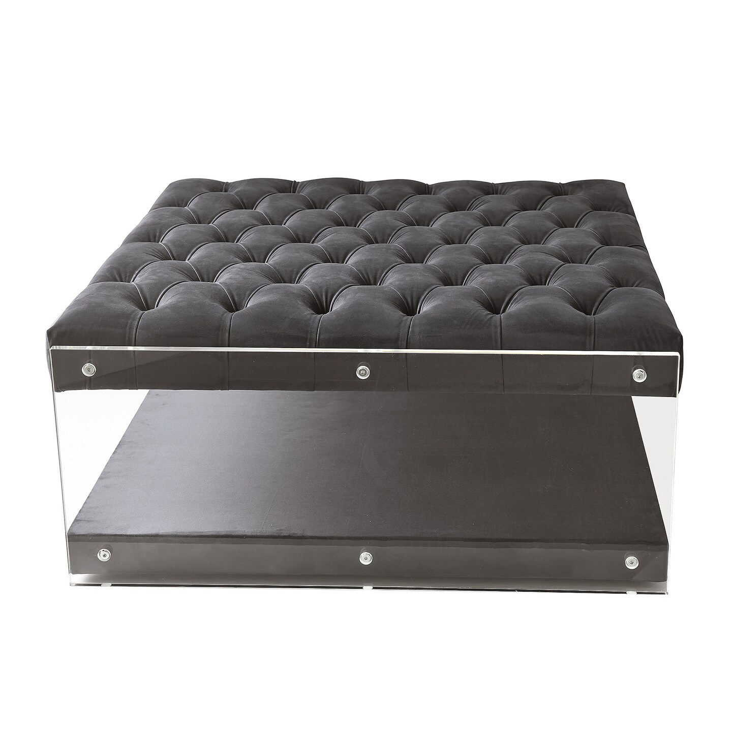 Fleur Linen/Velvet Button Tufted Clear Acrylic Side Cocktail Table Ottoman