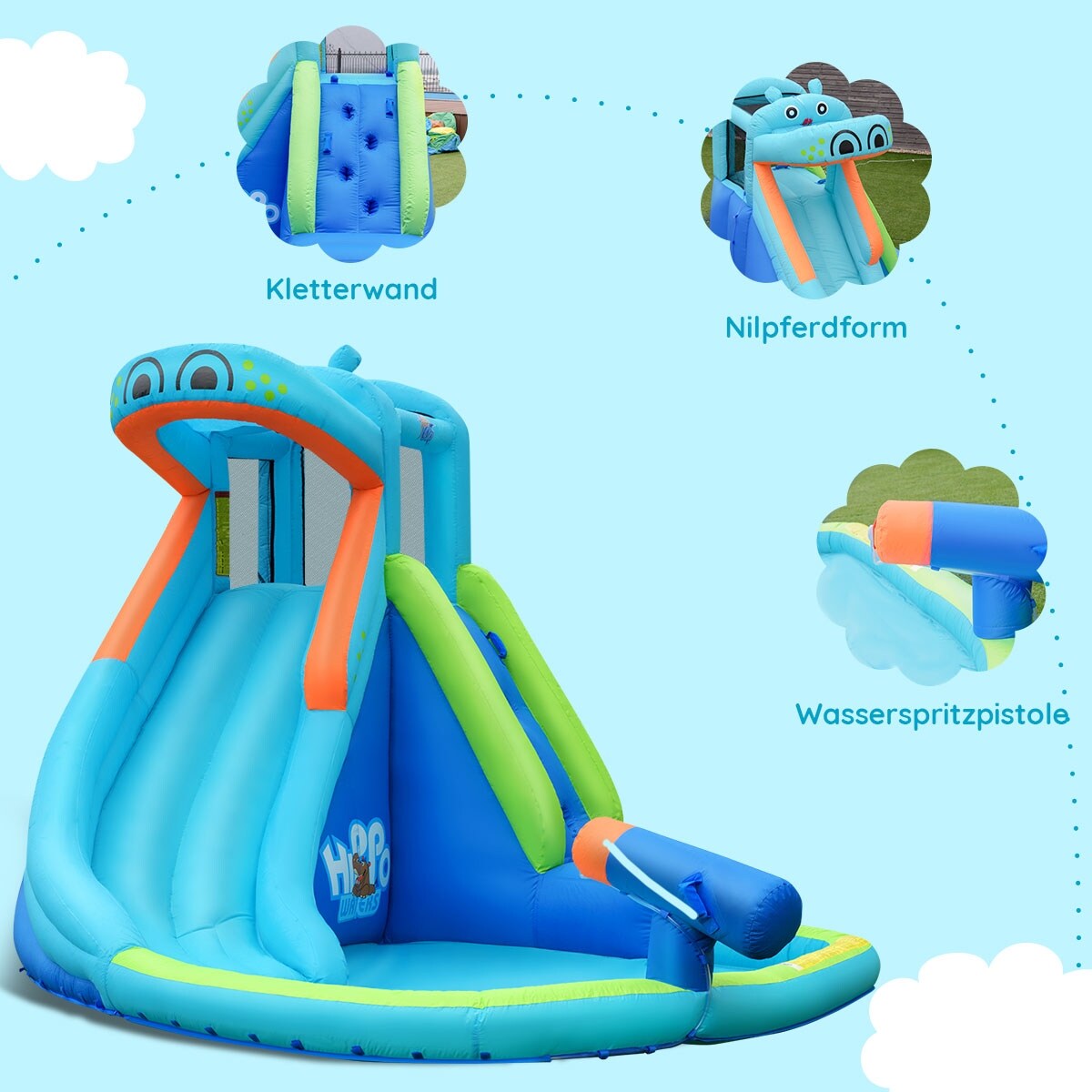 Hippo Inflatable Water Slide Bouncer With Climbing Wall Splash Pool Blue