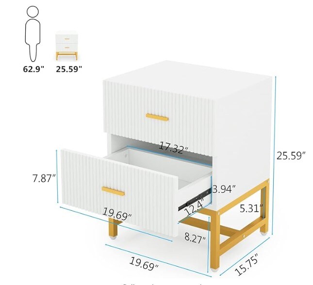 Modern Striped Night Stands Bed Side Table with Storage, White and Gold End Table Wood Metal Side Table for Living Room, Bedroom