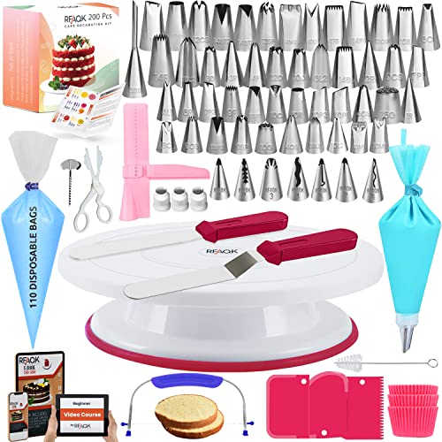 200 Pieces Gift For Women-Cake Decorating Supplies Kit for Beginners RFAQK - Turntable with 48 Numbered Piping &7 Korean Tips(Pattern chart included)-Straight & Offset Spatula-Leveler &Baking tools