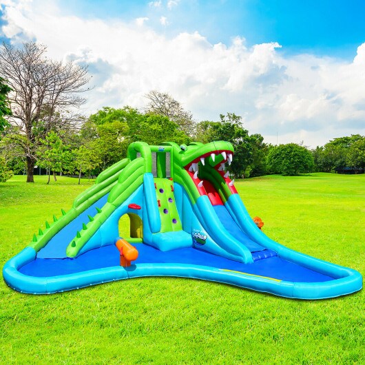 Crocodile-Themed Inflatable Water Slide and Bounce House with Climbing Wall