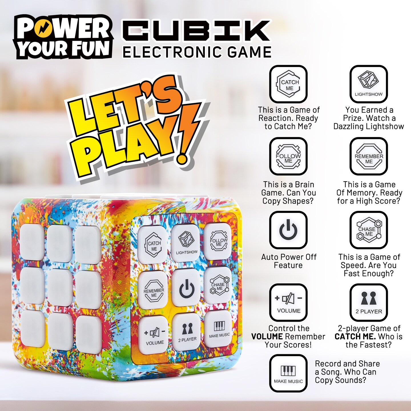 Power Your Fun Cubik LED Flashing Cube Memory Game -Tie Dye