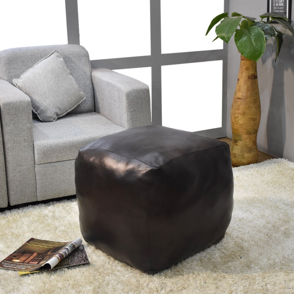 Bbh Homes Black Round Leather Pouf Ottoman Handmade Recycled Cotton Fill Bbbacpf0012