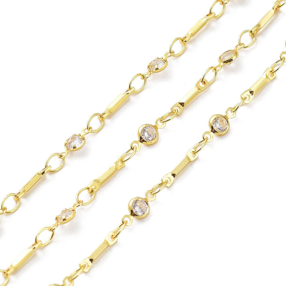 18K Gold Plated Brass Bar Link Rhinestone Chain 8x4x2mm