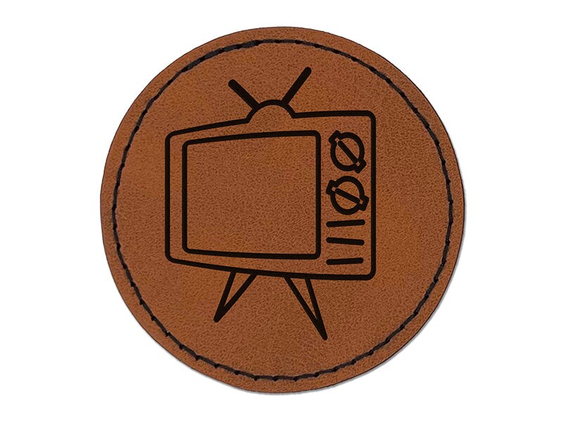Retro TV Television Round Iron-On Engraved Faux Leather Patch Applique - 2.5&#x22;
