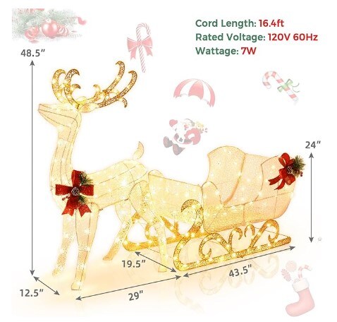Christmas Lighted Reindeer and Santa&#x27;s Sleigh, Artificial Christmas D&#xE9;cor for Indoor and Outdoor, Christmas Lighted Outdoor Yard Decoration with 215 LED Lights and 4 Ground Stakes