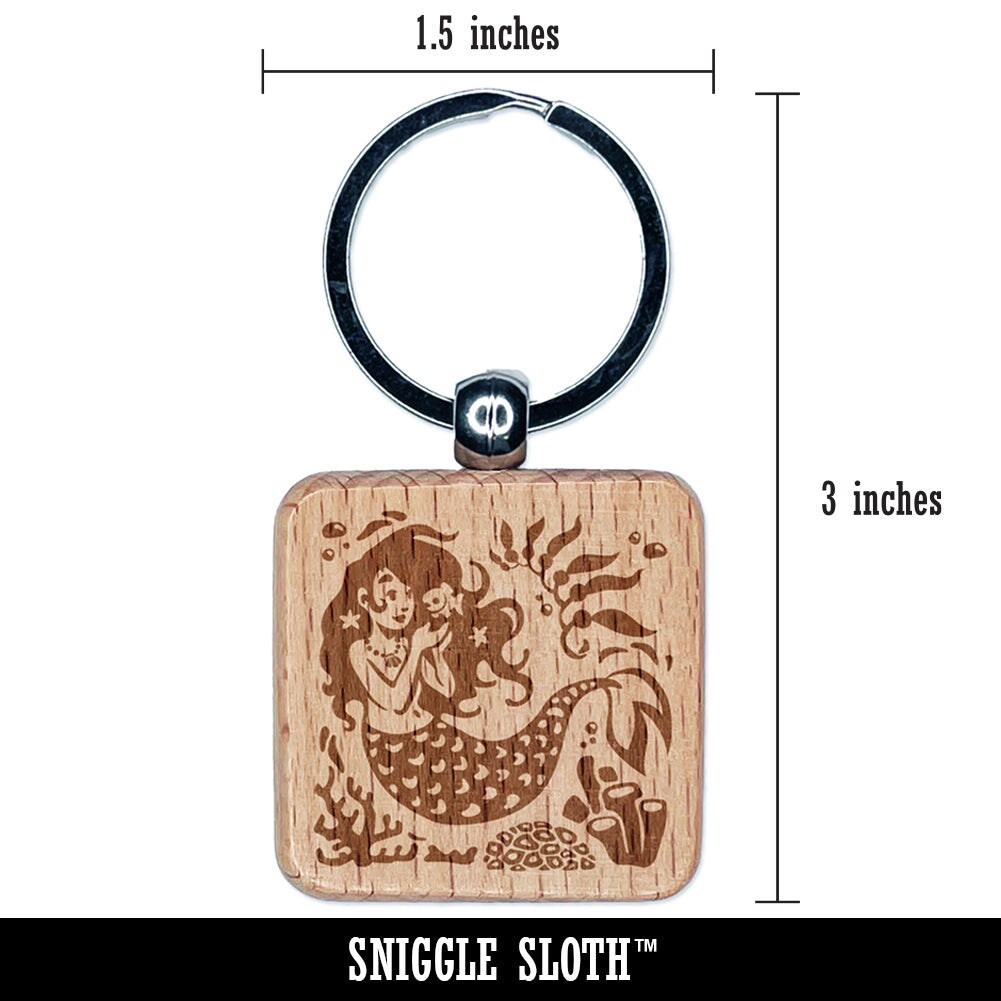 Mermaid Swimming in Reef Engraved Wood Square Keychain Tag Charm