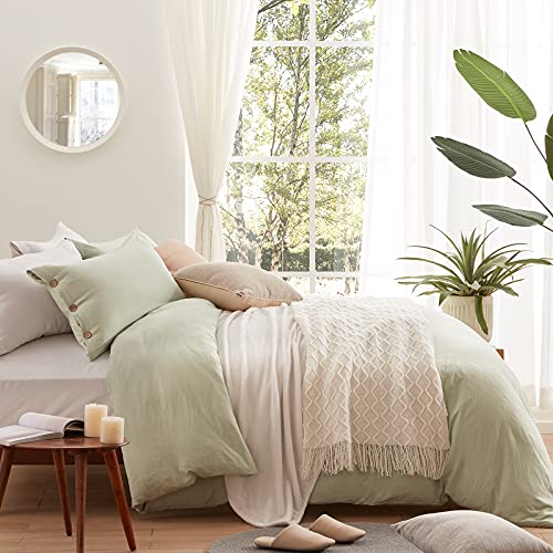 Sage Green Duvet Cover Sets Queen Size 3 Piece Double Brushed Microfiber Queen Duvet Cover with Button Closure &#x26; Corner Tie 1 Breathable and Soft Duvet Cover 90x90 inches + 2 Pillow Shams