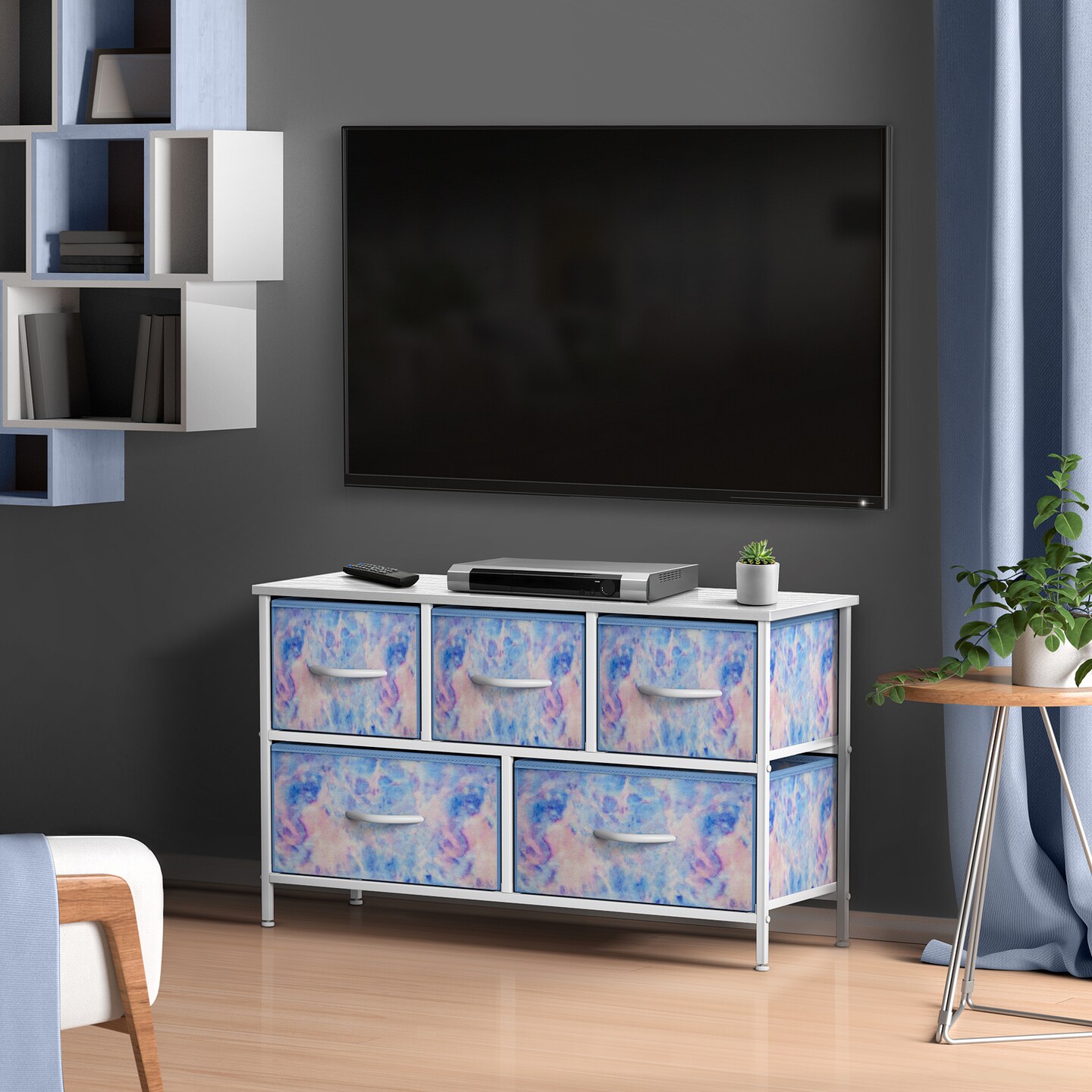 Sorbus Dresser with 5 Drawers - Storage Chest Organizer Unit with Steel Frame, Wood Top, Easy Pull Fabric Bins - Long Wide TV Stand for Bedroom Furniture, Hallway, Closet &#x26; Office Organization