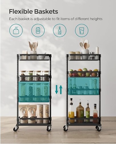 Slim Storage Cart, 4-Tier Metal Rolling Cart with Wheels, Flexible Baskets, Narrow Cart for Kitchen, Bathroom, Laundry Room, Simple Assembly, Black