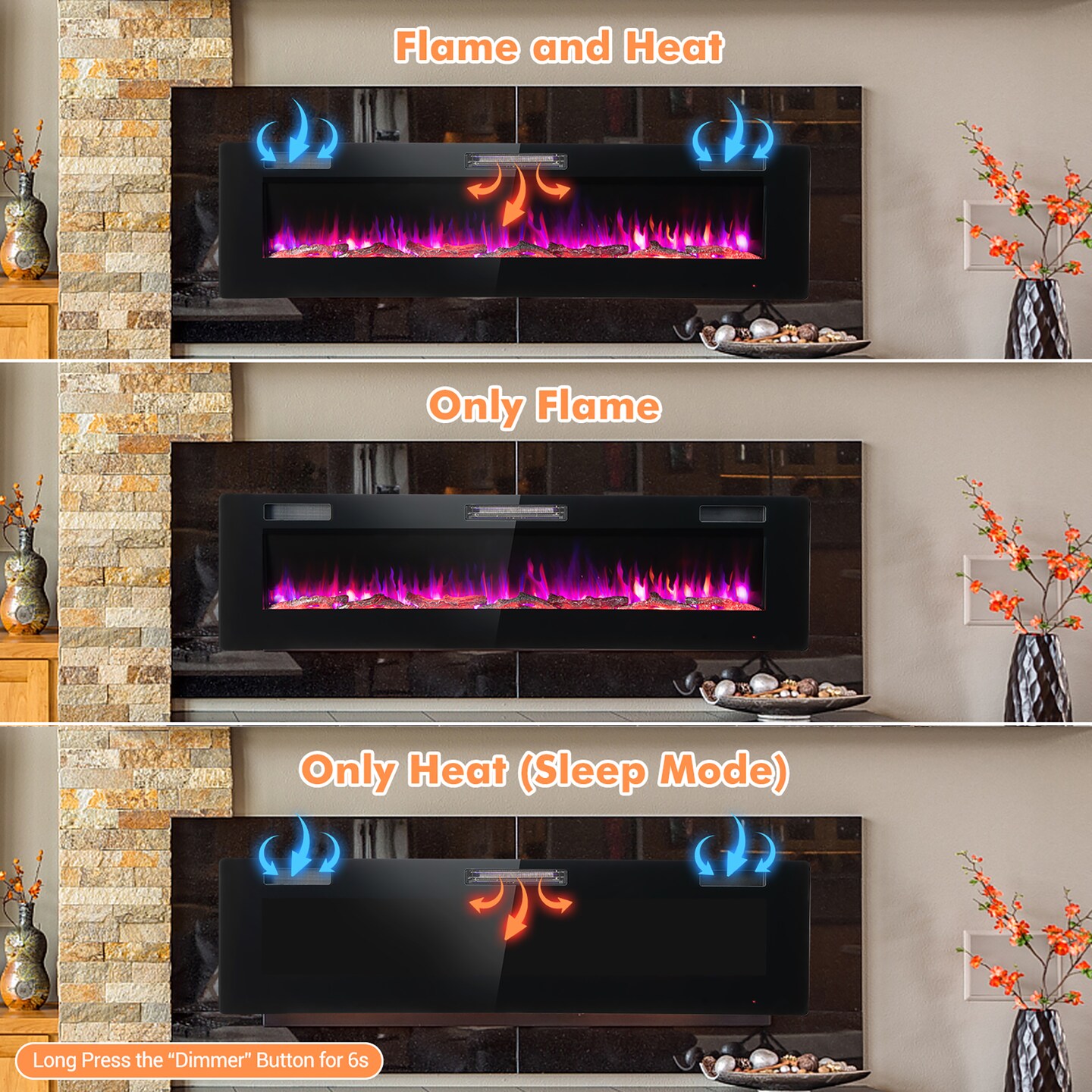 Costway 68'' Ultra-Thin Electric Fireplace Recessed Wall Mounted W/Crystal Log Decoration