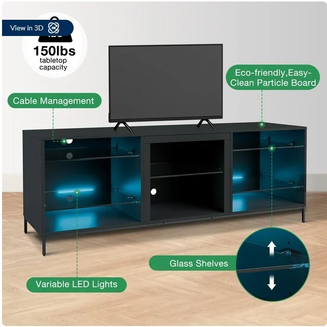 LED TV Stand for a 70-inch TV Media Console Cabinet with Open Glass Storage Shelves for Gaming Living Roomer Modern Entertainment Centre with LED Lights