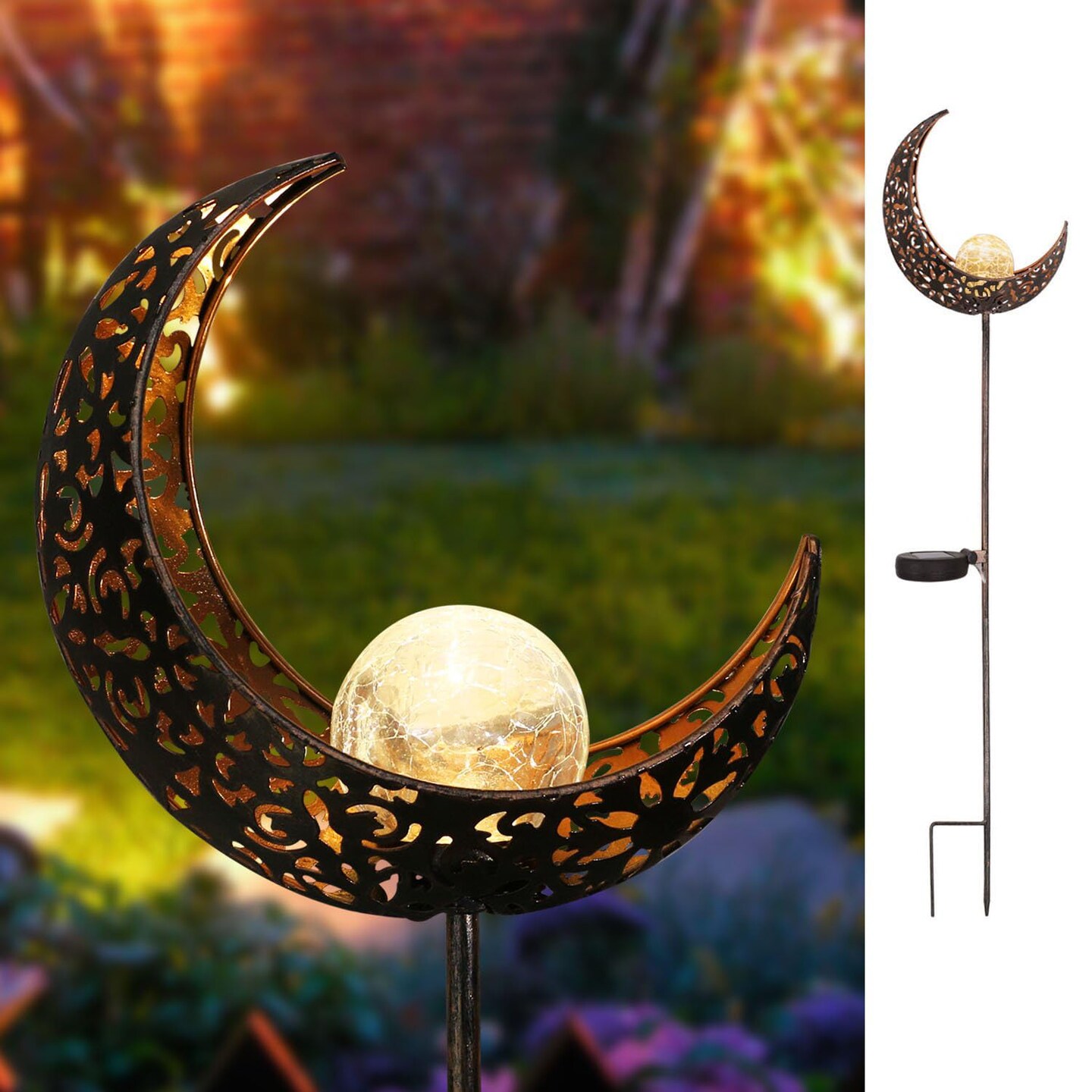 HOMEIMPRO Moon Solar Garden Lights Outdoor Stakes, Waterproof Crackle Glass Metal Decorative Lights for Lawn, Patio Accessories, Yard Decor, Christmas Gift (Bronze)
