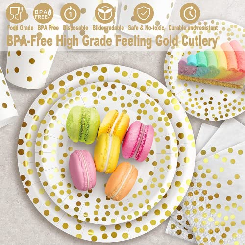 350 Pieces White and Gold Plastic Dinnerware Set, Includes 9&#x22; Dinner Plates, 7&#x22; Dessert Plates, 9oz Cups, Napkins, Forks, Knives, Spoons