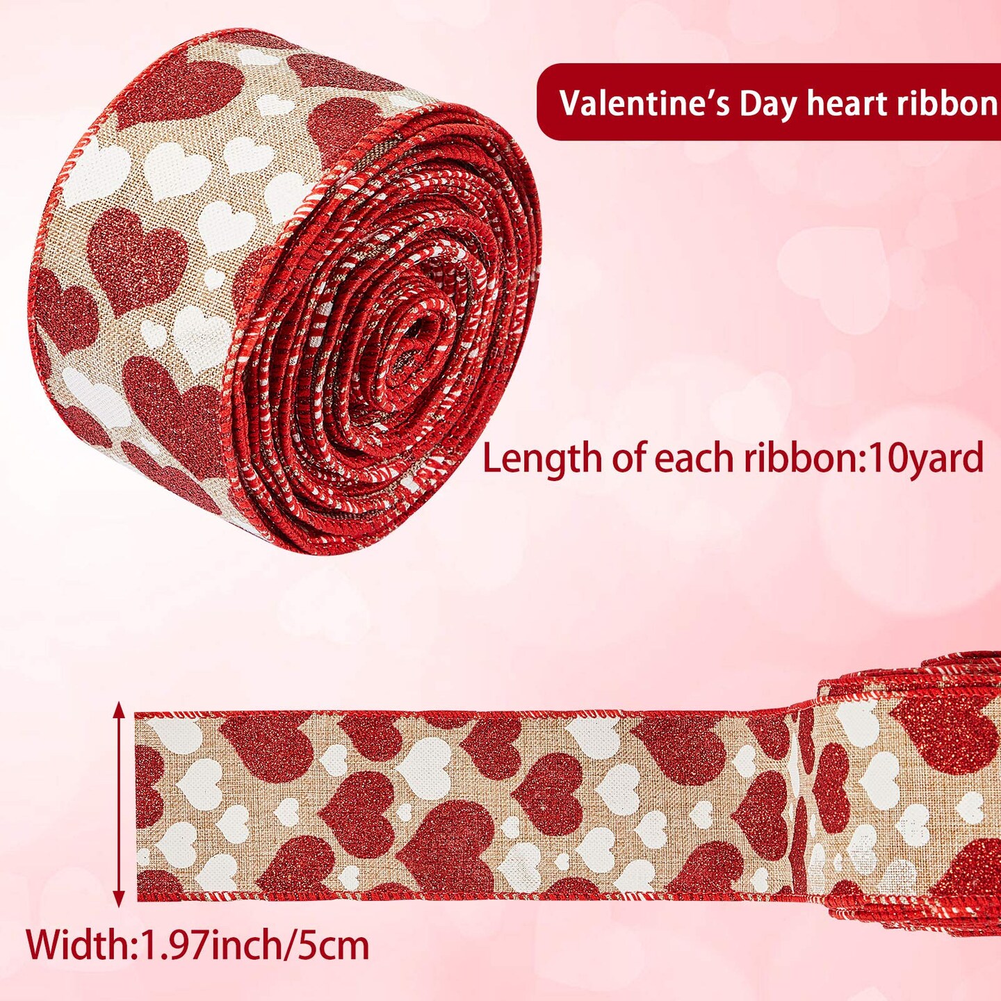 3 Rolls 30 Yards Valentine&#x27;s Day Heart Canvas Ribbons Patterned Hearts Burlap Wired Edge Ribbon Valentine&#x27;s Day Ornament Hanging Decorations for DIY Wrapping Crafts Decor