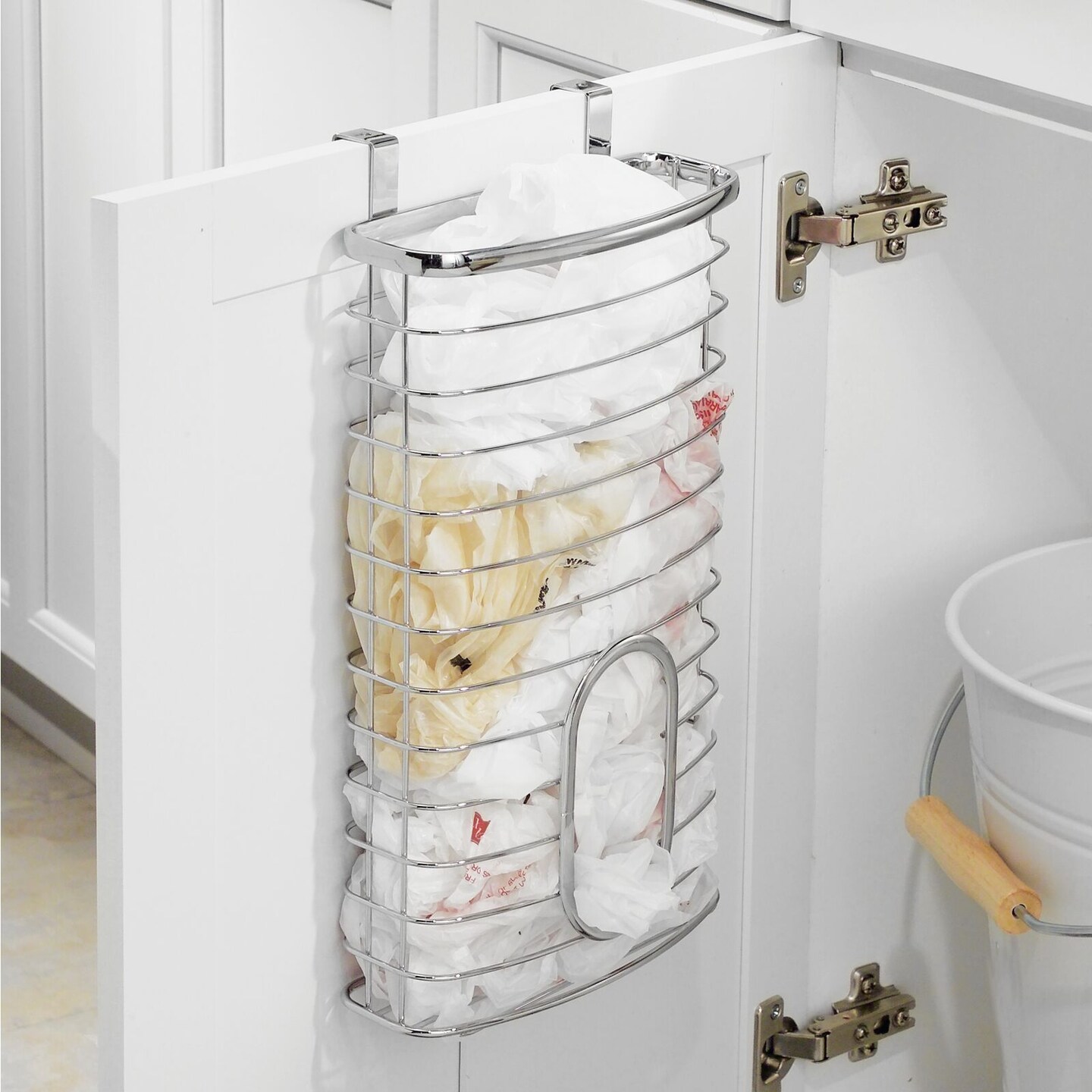 mDesign Metal Over Cabinet Kitchen Storage Basket, Holds 50 Plastic Bags
