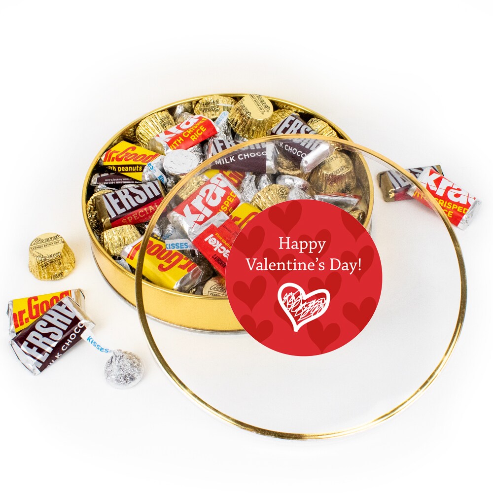 Valentine&#x27;s Day Candy Gift Tin - Plastic Gift Tin with Hershey&#x27;s Kisses, Hershey&#x27;s Miniatures &#x26; Reese&#x27;s Peanut Butter Cups