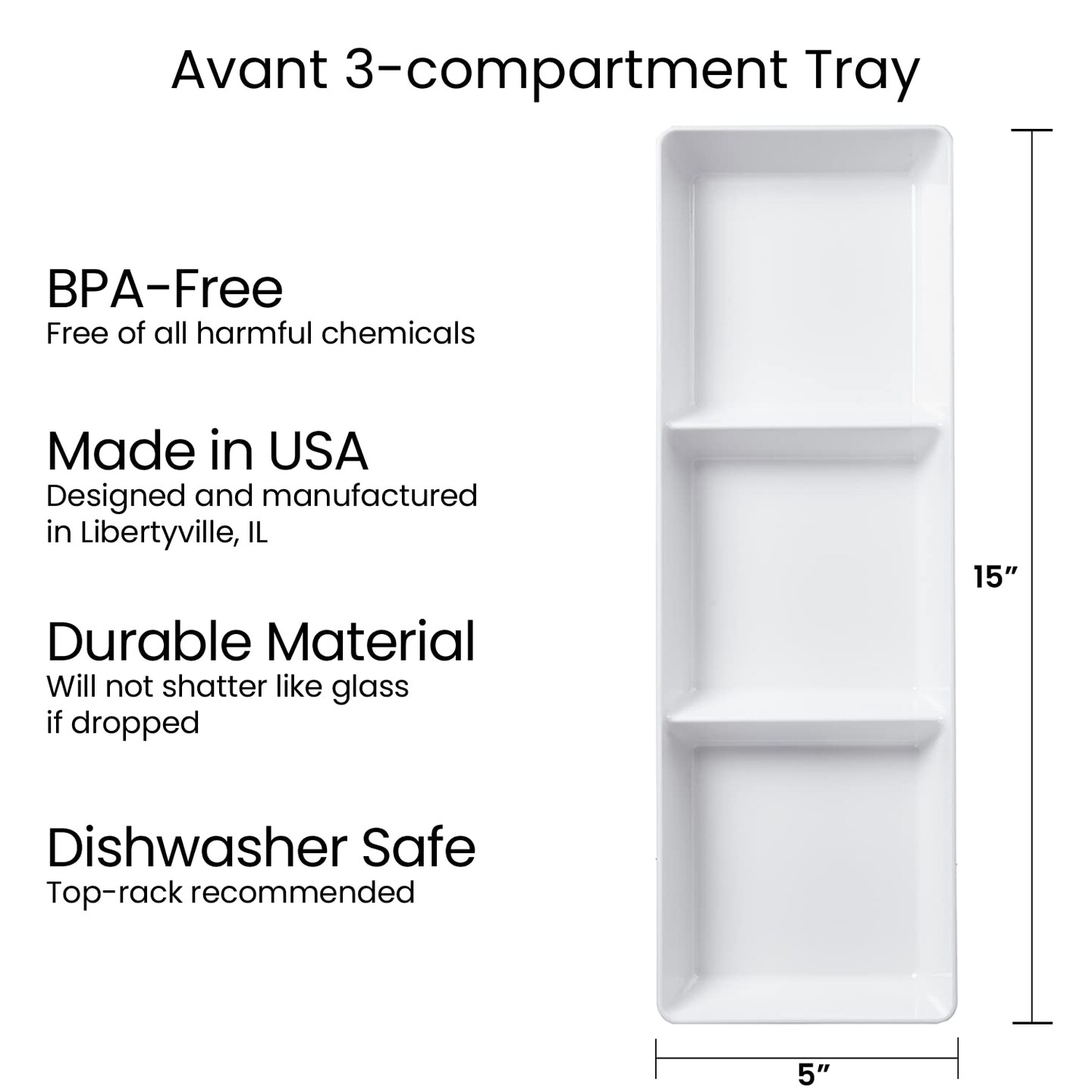 US Acrylic Avant White Plastic Divided Serving Trays (Set of 4) 15&#x201D; x 5&#x201D; | Narrow Reusable 3-Section Party Platters | Serve Appetizers, Fruit, Veggies, &#x26; Desserts | BPA-Free &#x26; Made in USA