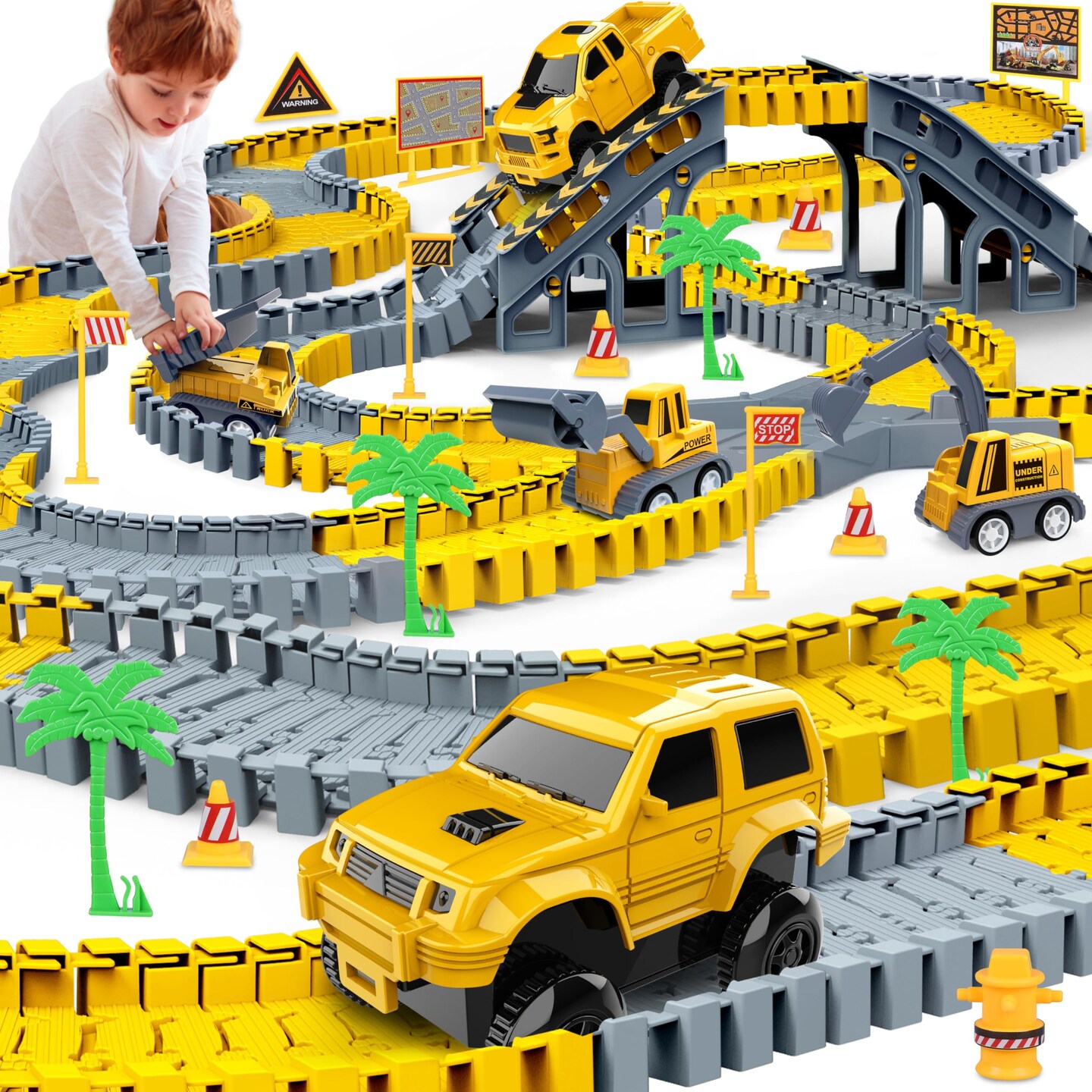 Toys 253 Pieces Race Tracks Toy for 3 4 5 6 7 8 Year Old Boys Girls, 5 PCS Truck Car and Flexible Track Play Set Create A Engineering Road Games Toddler Best Gift